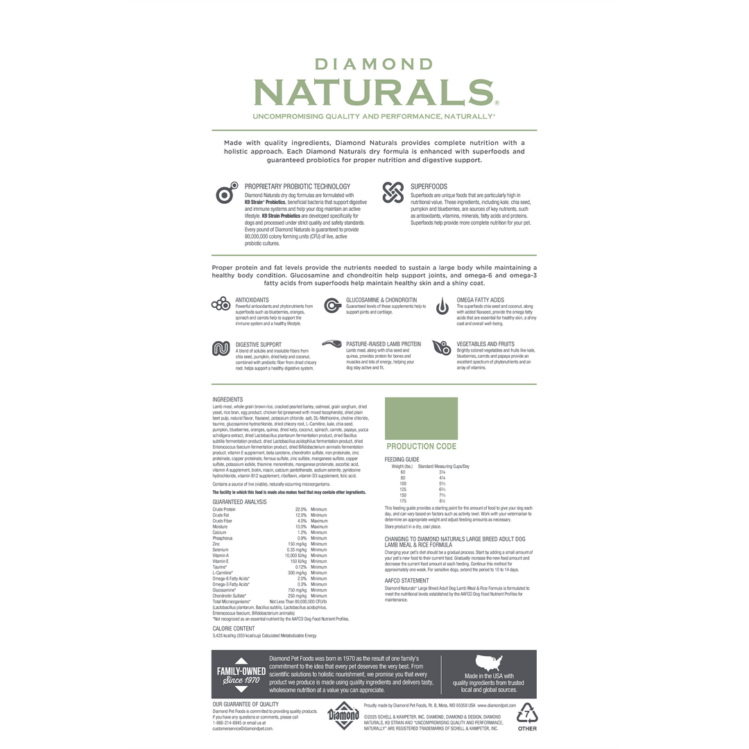 croqueta Diamond Naturals Large Breed Adult Dog Lamb &amp; Rice, raza grande sabor cordero; 18.14 kg